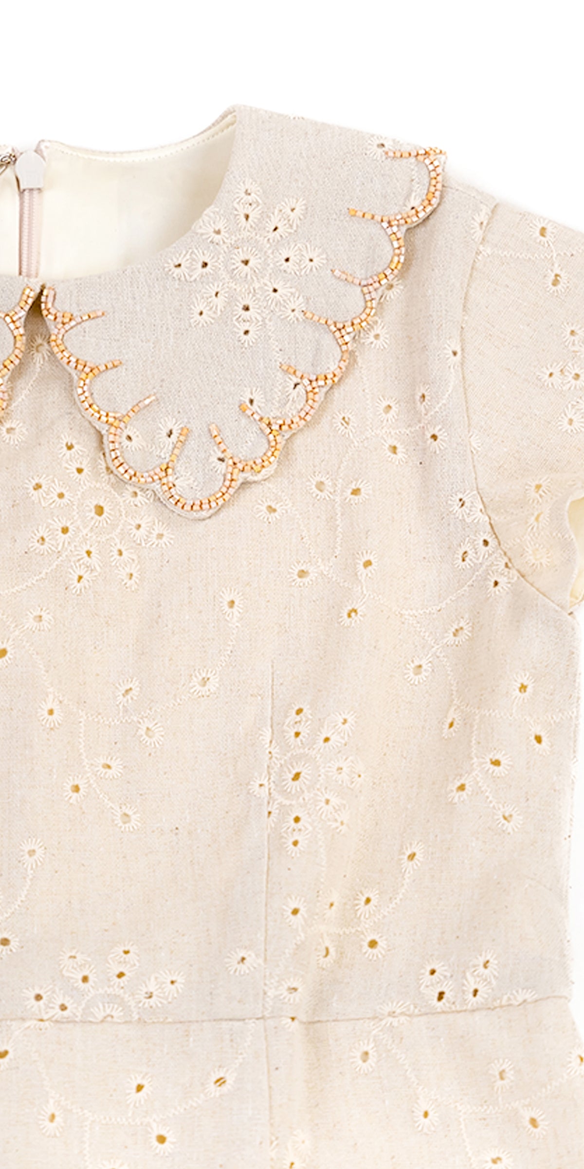 SCALLOP COLLAR DETAIL BRODERIE ANGLAISE LINEN DRESS