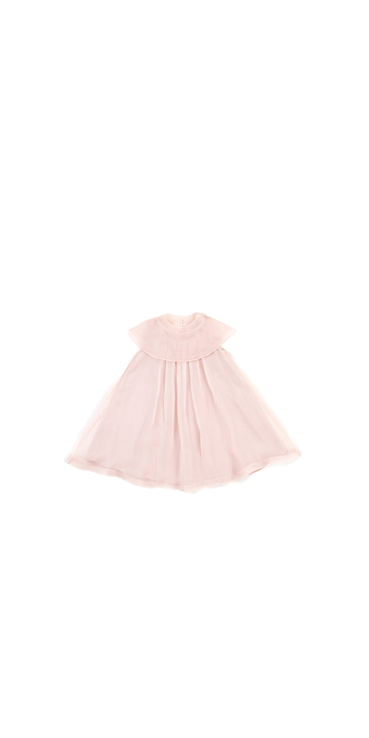 EMBROIDERED NECK FLAP DETAIL PLEATED DRESS