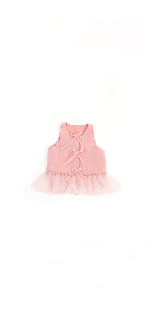 EMBROIDERED RUFFLE HEM AND BOW DETAIL TOP