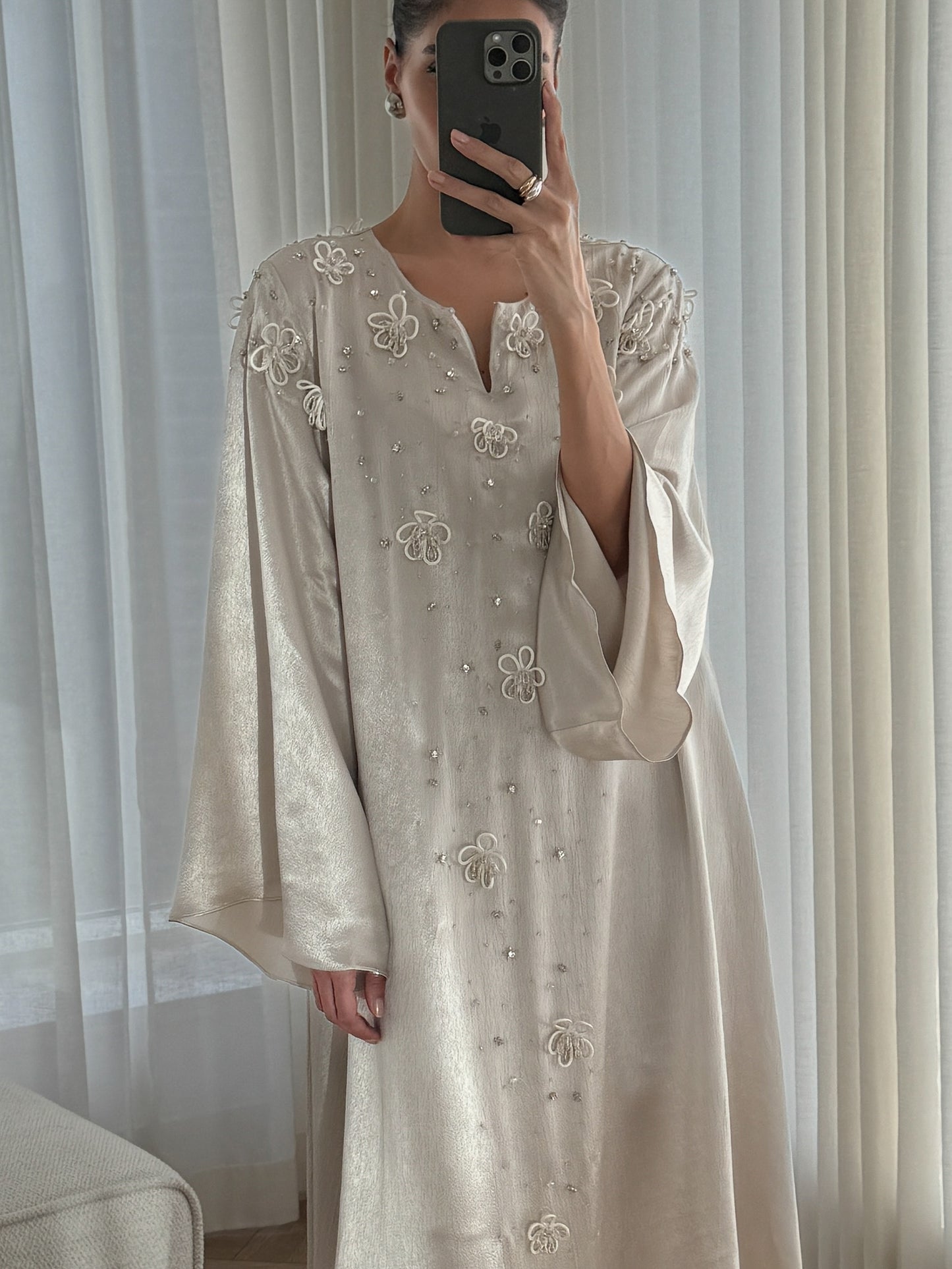 Cord Flower Embellished Split Neck Dress
