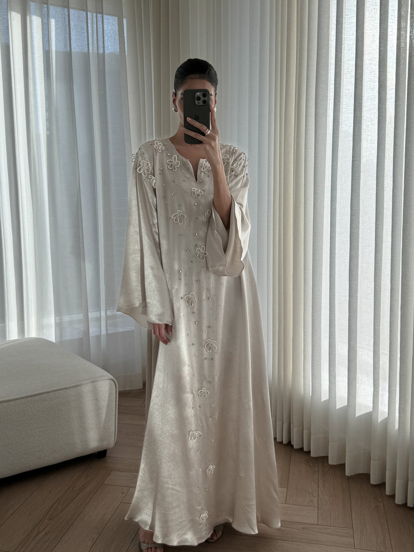 Cord Flower Embellished Split Neck Dress