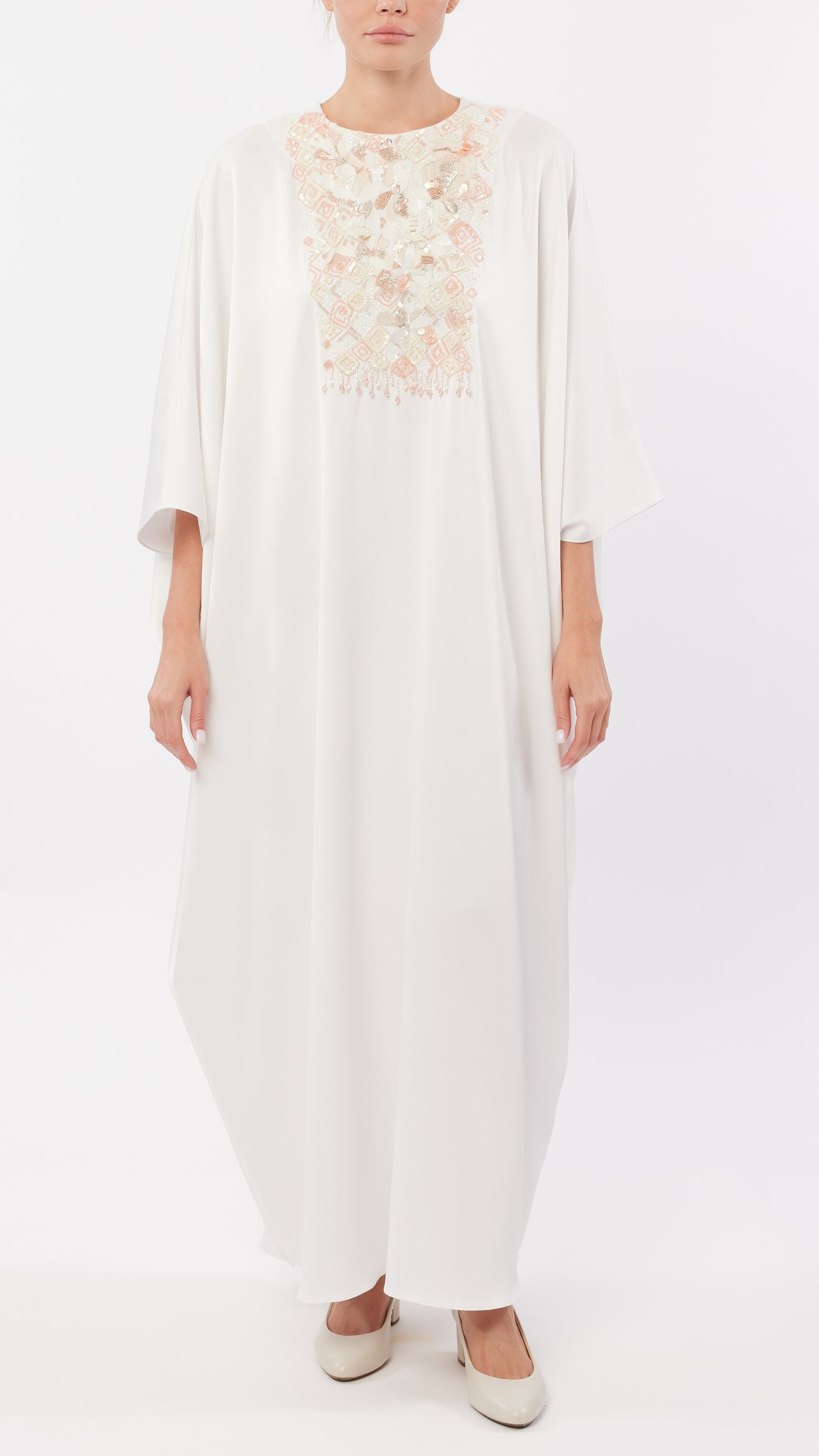 Abstract Floral Embellished Crew Neck Caftan