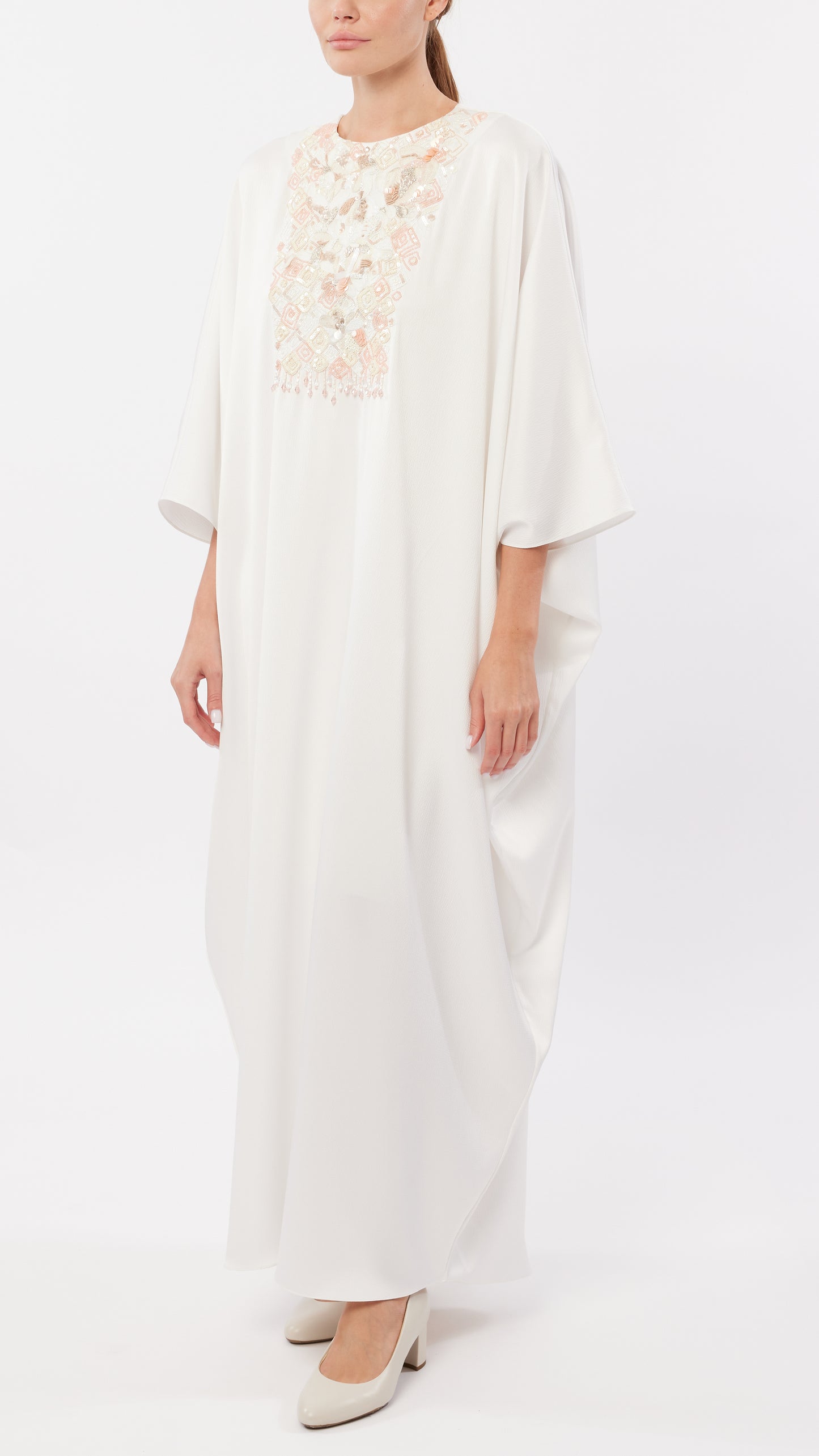Abstract Floral Embellished Crew Neck Caftan