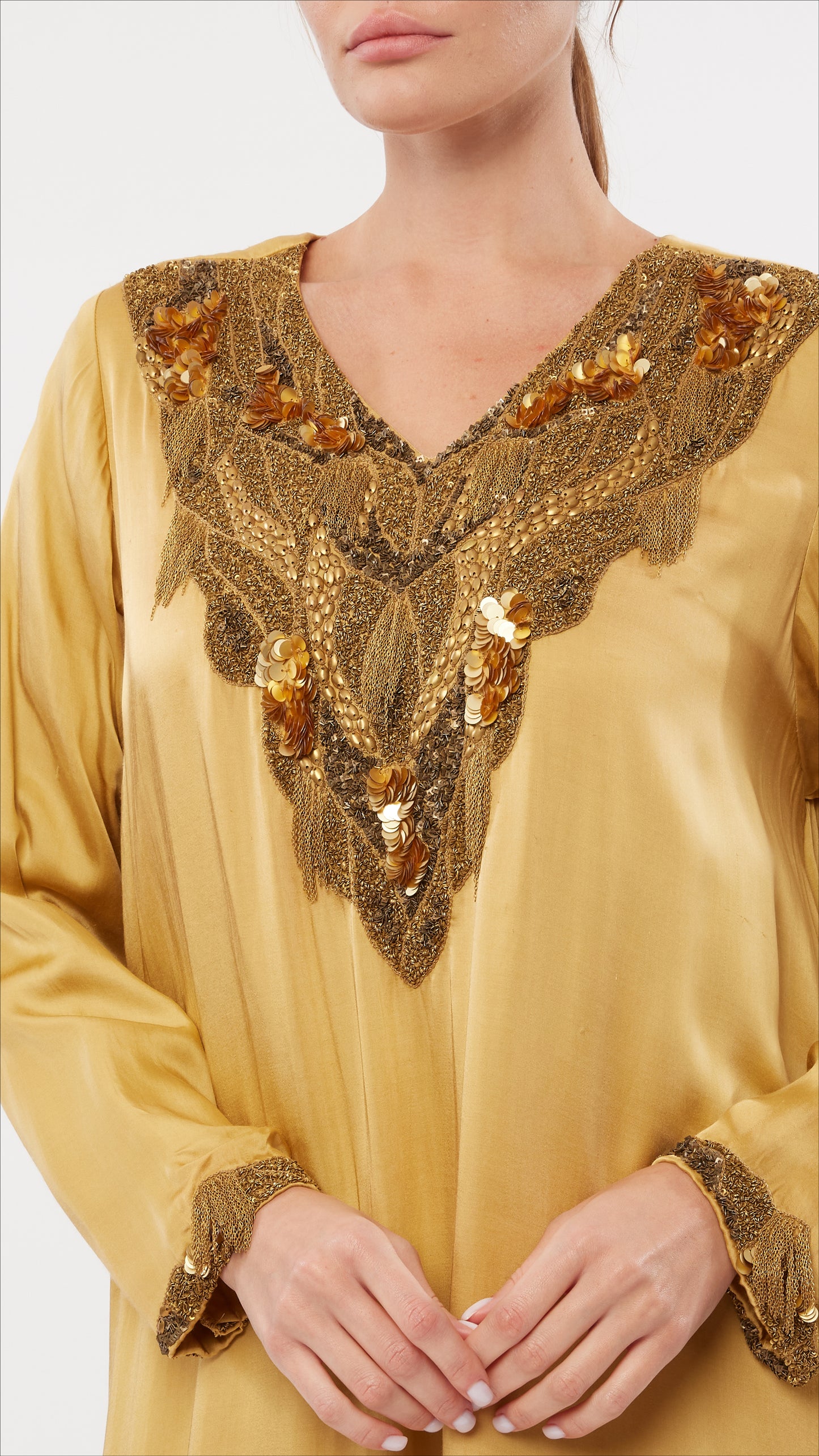 Chain Detail Embellished V-Neck Dress