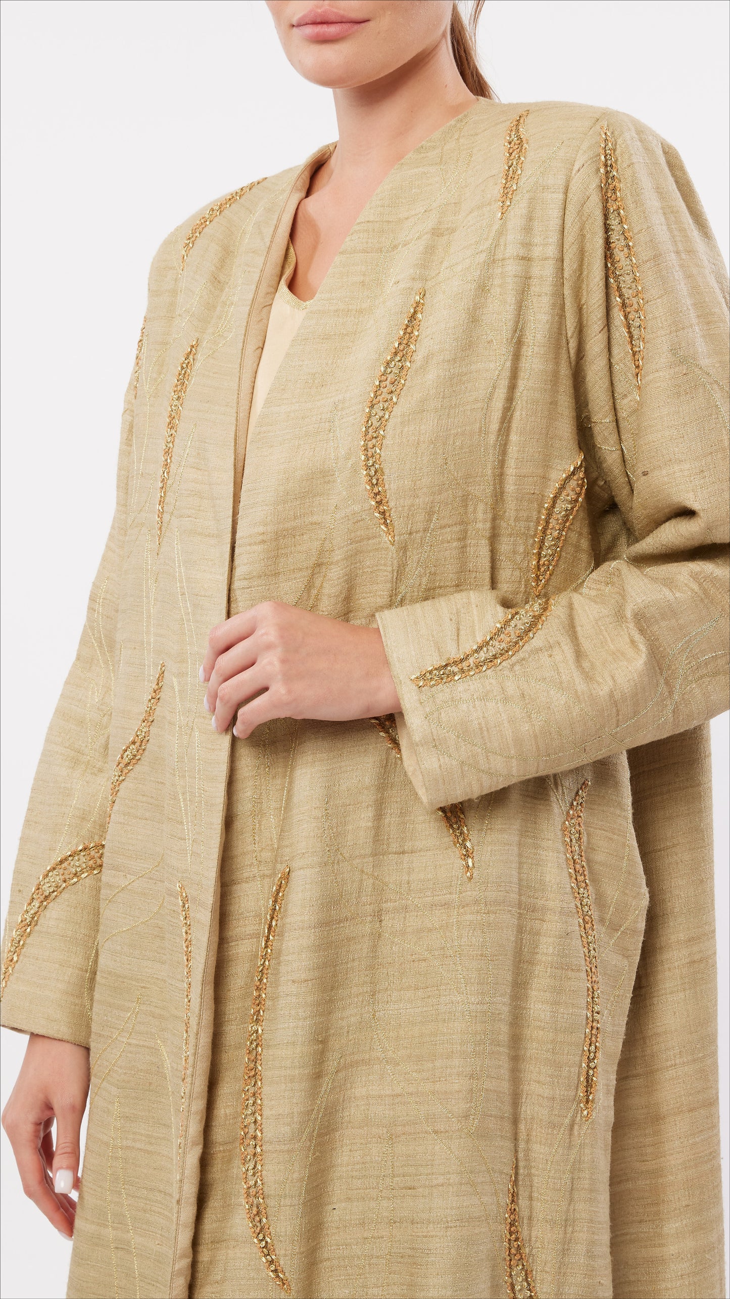 Foliage Embroidered Padded Shoulder Long Coat