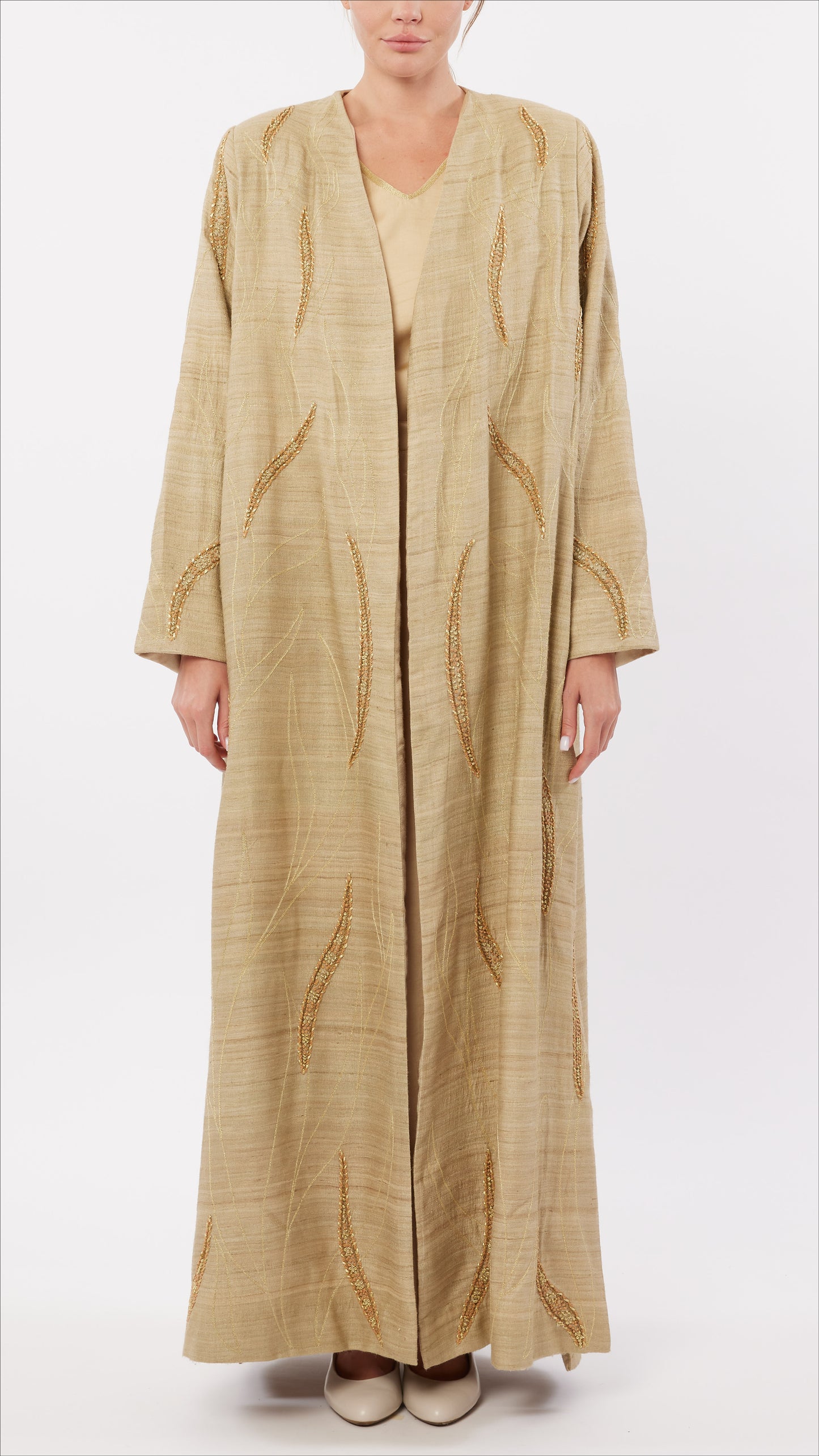 Foliage Embroidered Padded Shoulder Long Coat