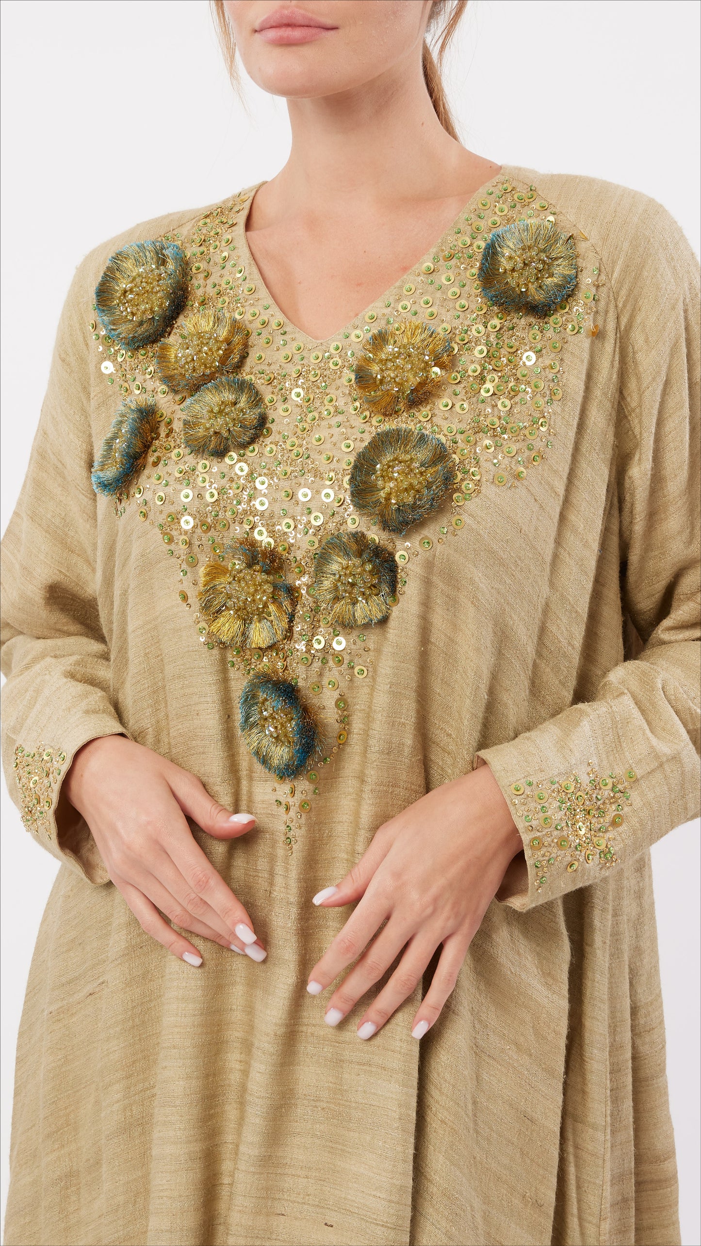 Sequin and Fancy Yarn Embellished V-Neck Dress