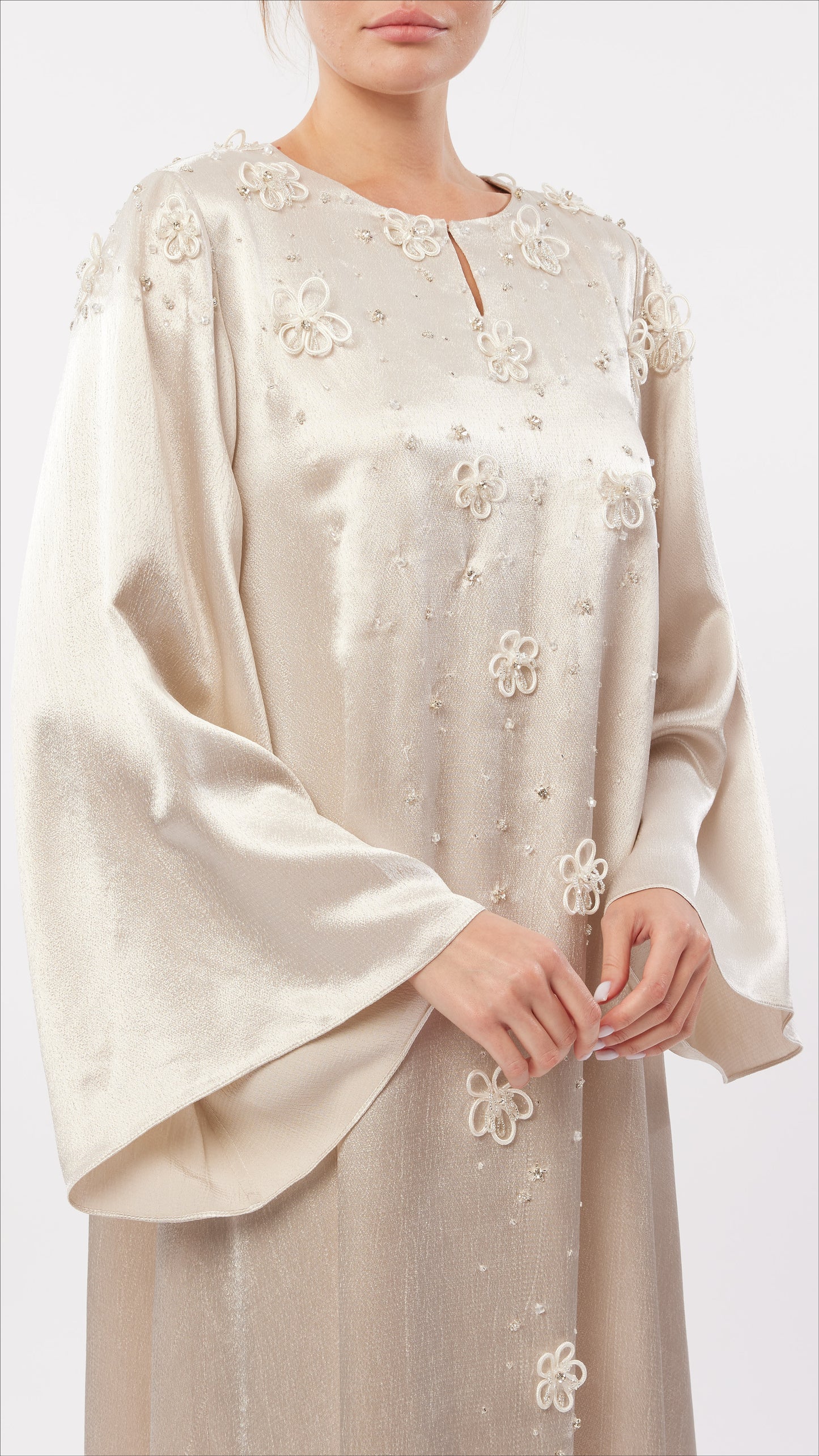 Cord Flower Embellished Split Neck Dress