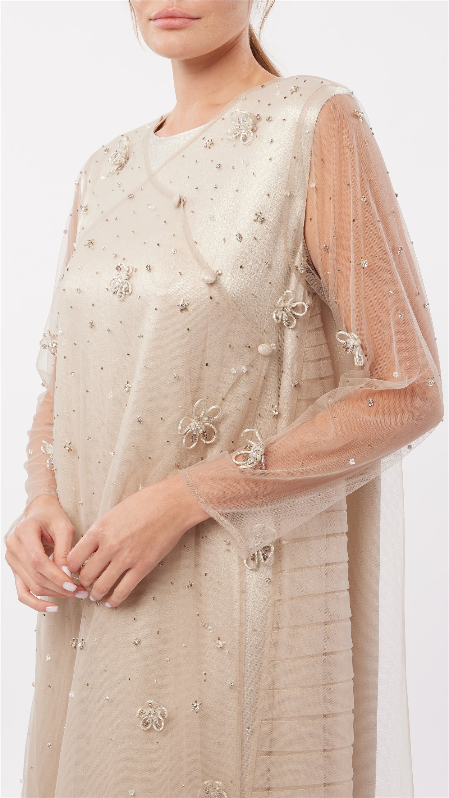 Cord Flower Embellished Surplice Neck Tulle Dress