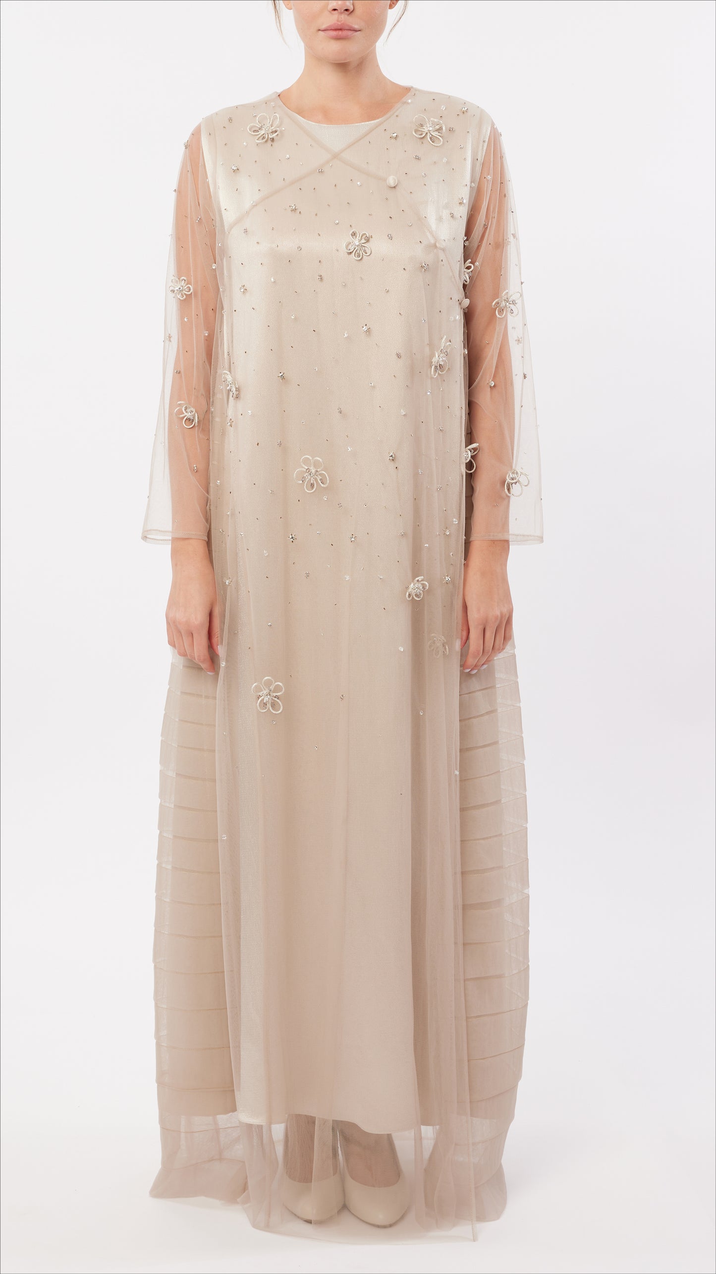 Cord Flower Embellished Surplice Neck Tulle Dress