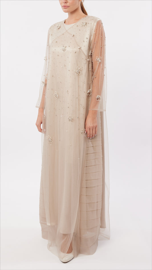 Cord Flower Embellished Surplice Neck Tulle Dress