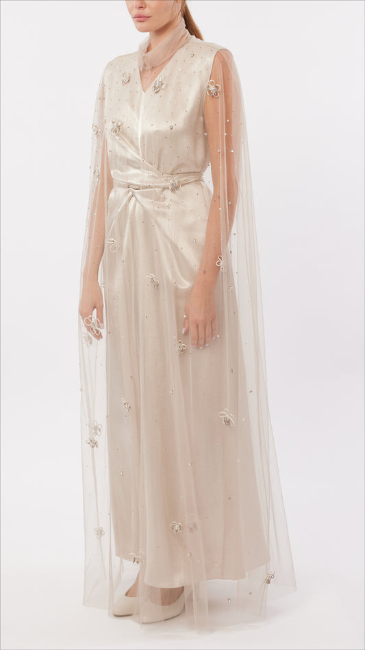 Cord Flower Embellished Tulle Cape and Wrap-Waist Inner Dress