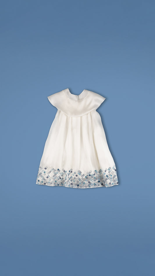 EMBELLISHED PLEATED MIDI DRESS WITH DETACHABLE NECK FLAP