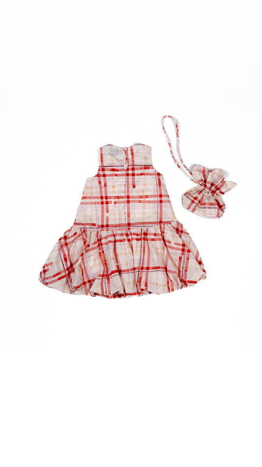 Kitsch Plaid Printed Midi Dress with Sling Flower Bag