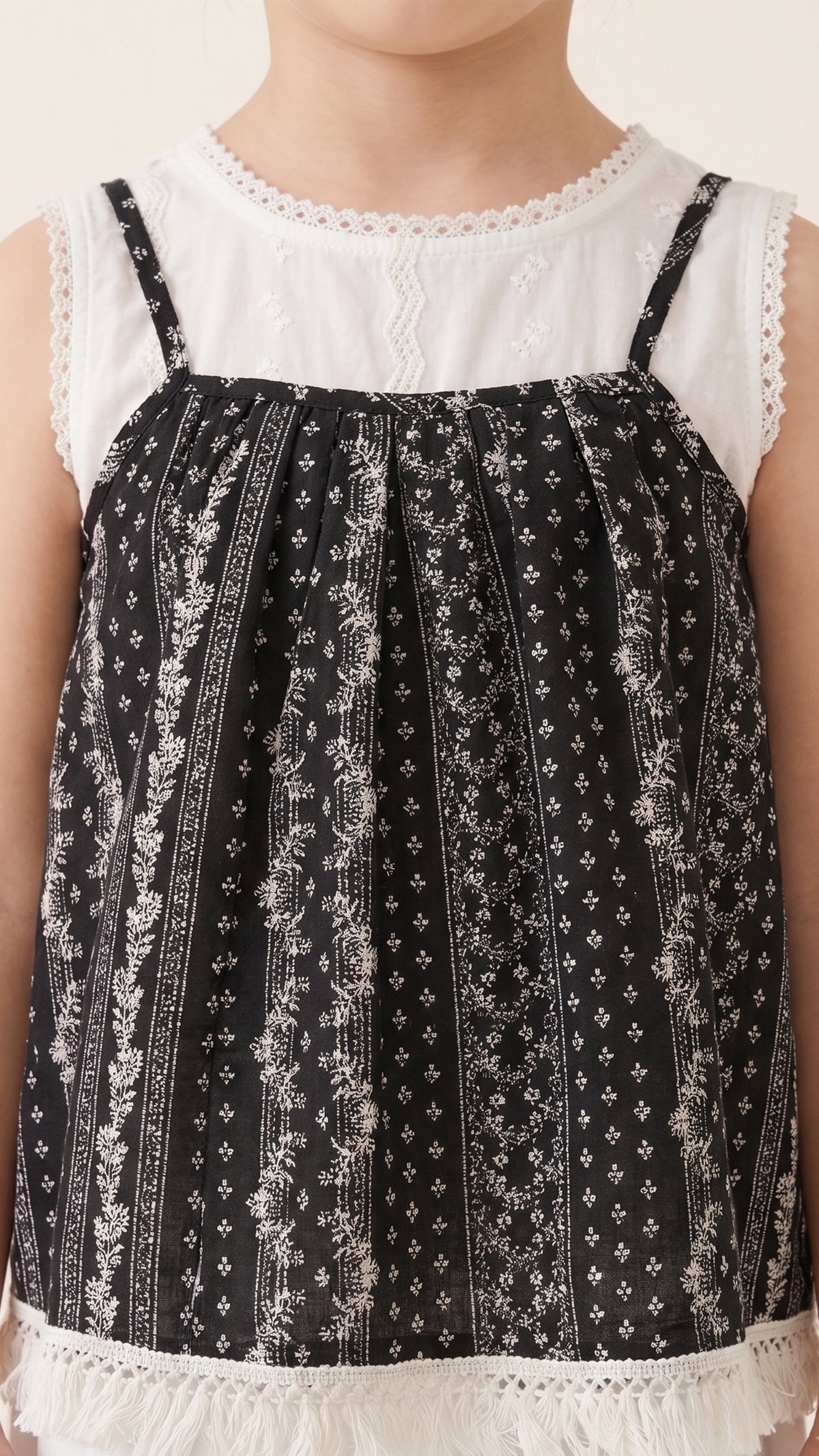Layered Folk-Print Fringe and Eyelet Top