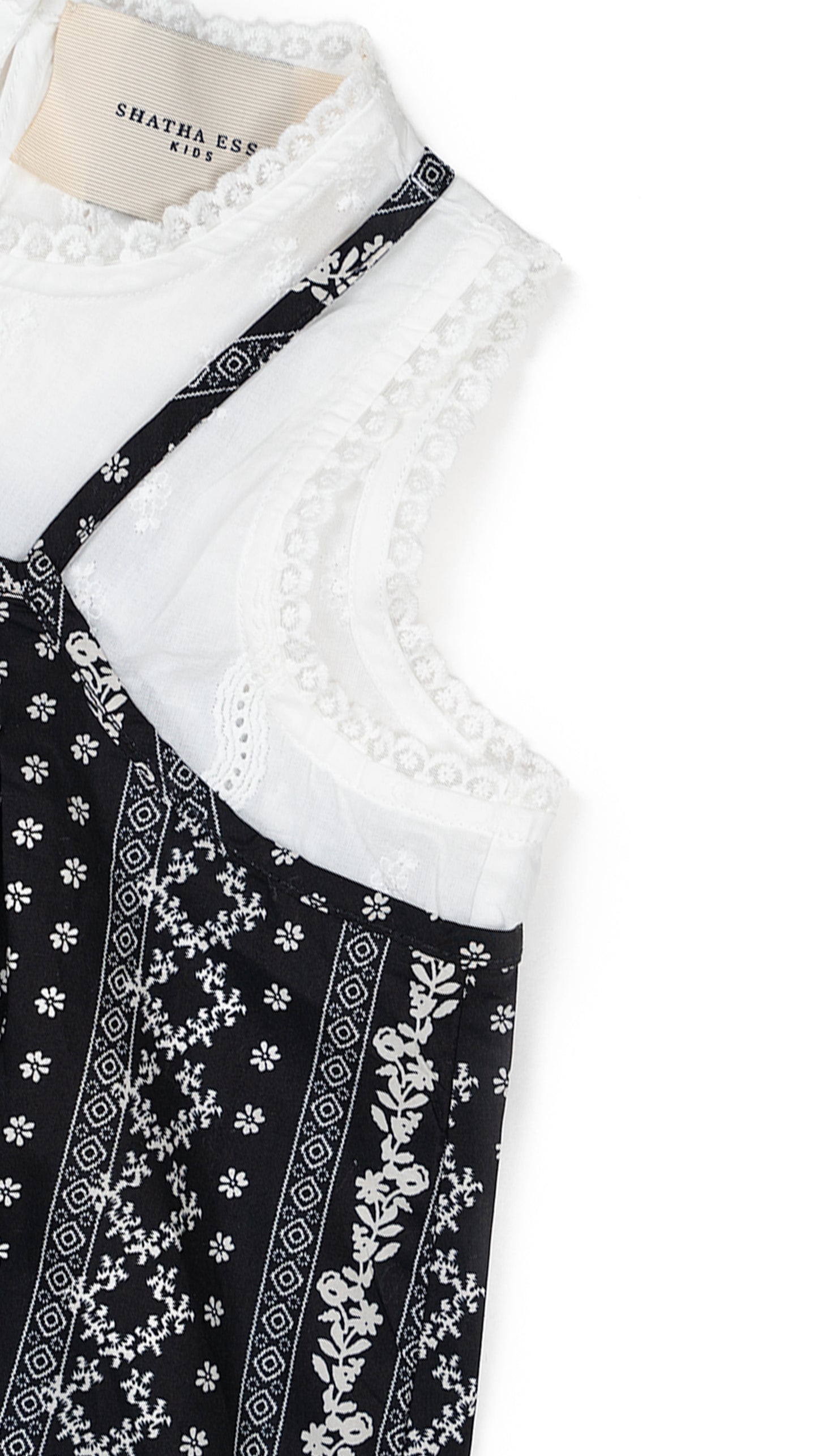 Layered Folk-Print Fringe and Eyelet Top