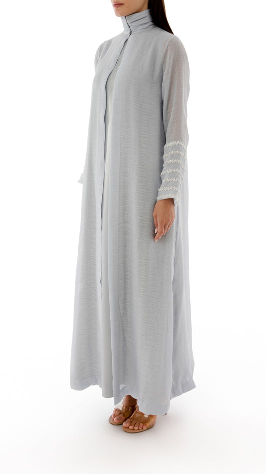 Embroidered Gathered Neck Detail Coat Dress with Inner Dress