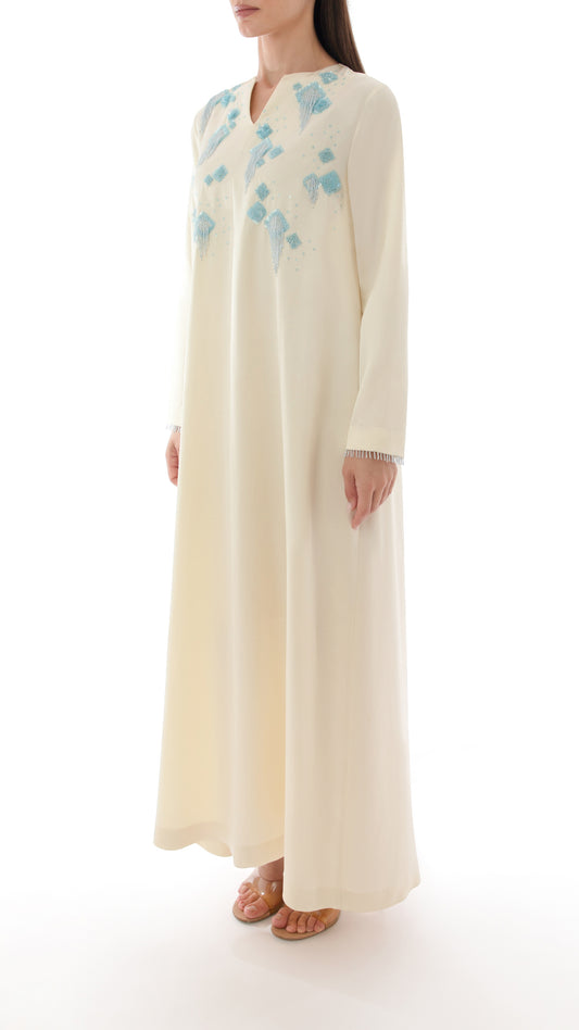 Embroidered Tassel Detail Split Neck Dress