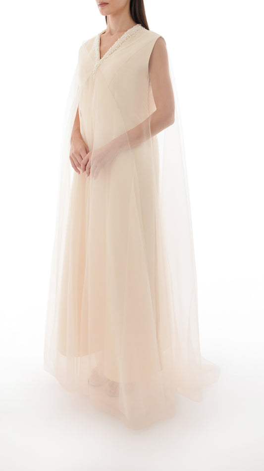 Pearl Embellished Drape Detail Cape Dress