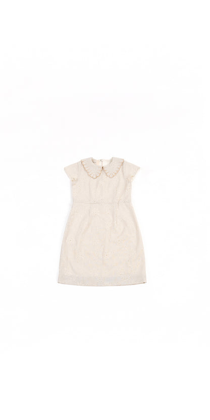 SCALLOP COLLAR DETAIL BRODERIE ANGLAISE LINEN DRESS