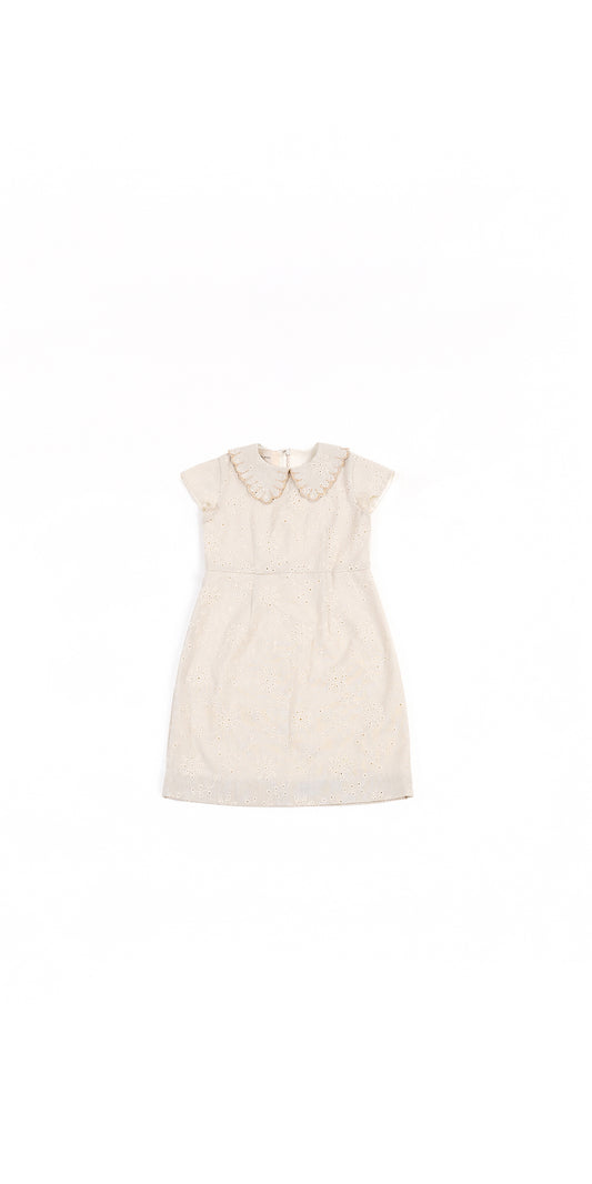 SCALLOP COLLAR DETAIL BRODERIE ANGLAISE LINEN DRESS