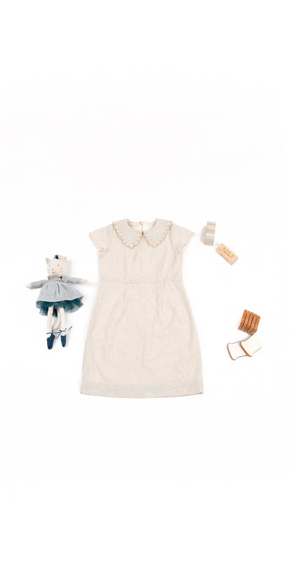 SCALLOP COLLAR DETAIL BRODERIE ANGLAISE LINEN DRESS