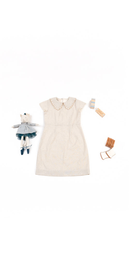 SCALLOP COLLAR DETAIL BRODERIE ANGLAISE LINEN DRESS