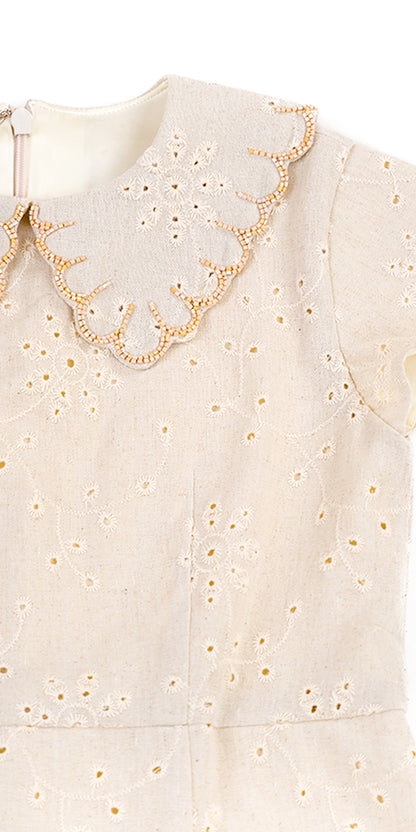 SCALLOP COLLAR DETAIL BRODERIE ANGLAISE LINEN DRESS