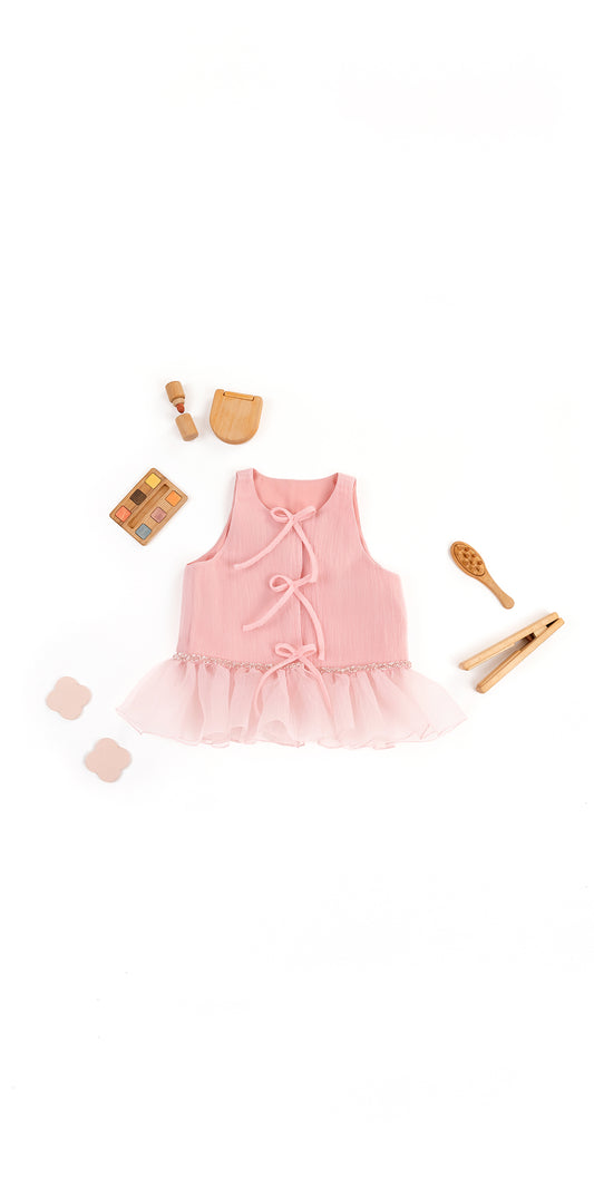 EMBROIDERED RUFFLE HEM AND BOW DETAIL TOP