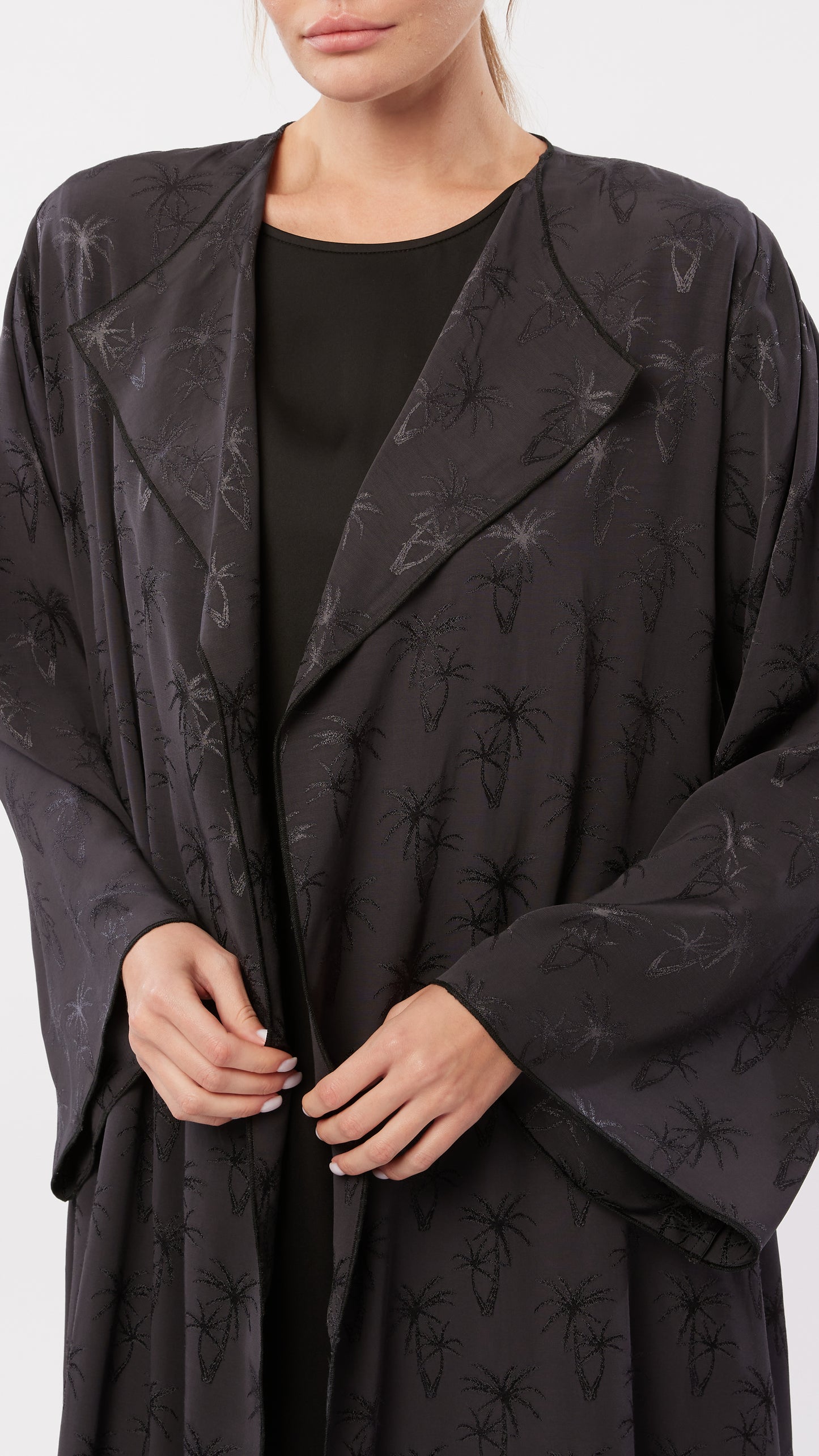 Lapel Collar Detail Palm Tree Jacquard Abaya