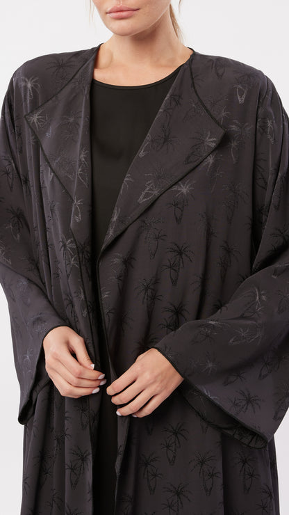 Lapel Collar Detail Palm Tree Jacquard Abaya