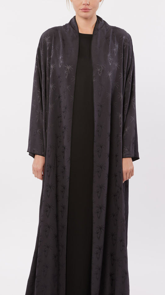 Draped High-Neck Collar Palm Tree Jacquard Abaya