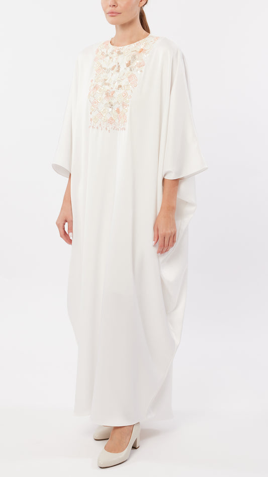 Abstract Floral Embellished Crew Neck Caftan