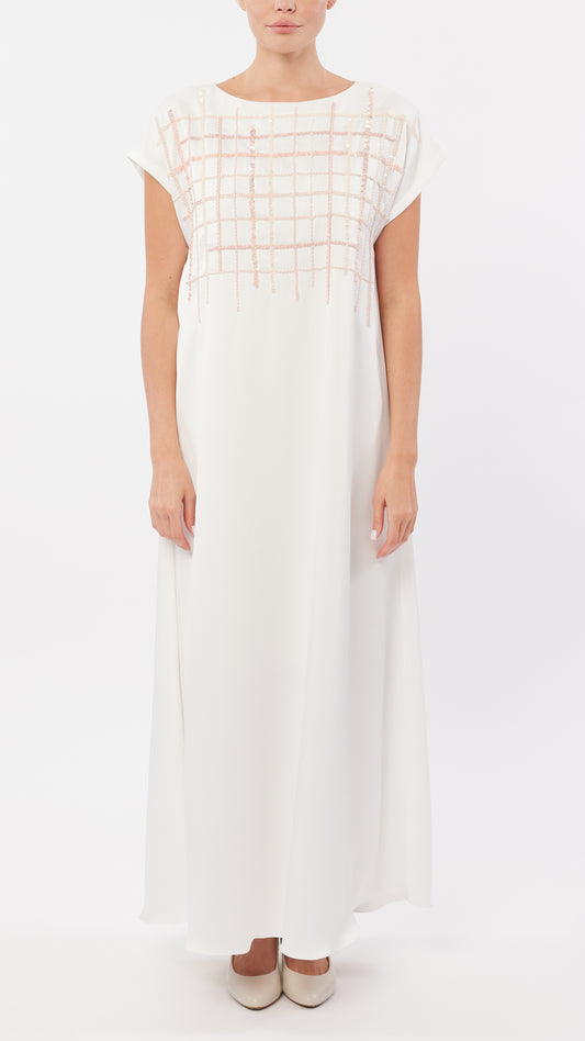 Abstract Grid Embellished Dolman Short Sleeve Dress