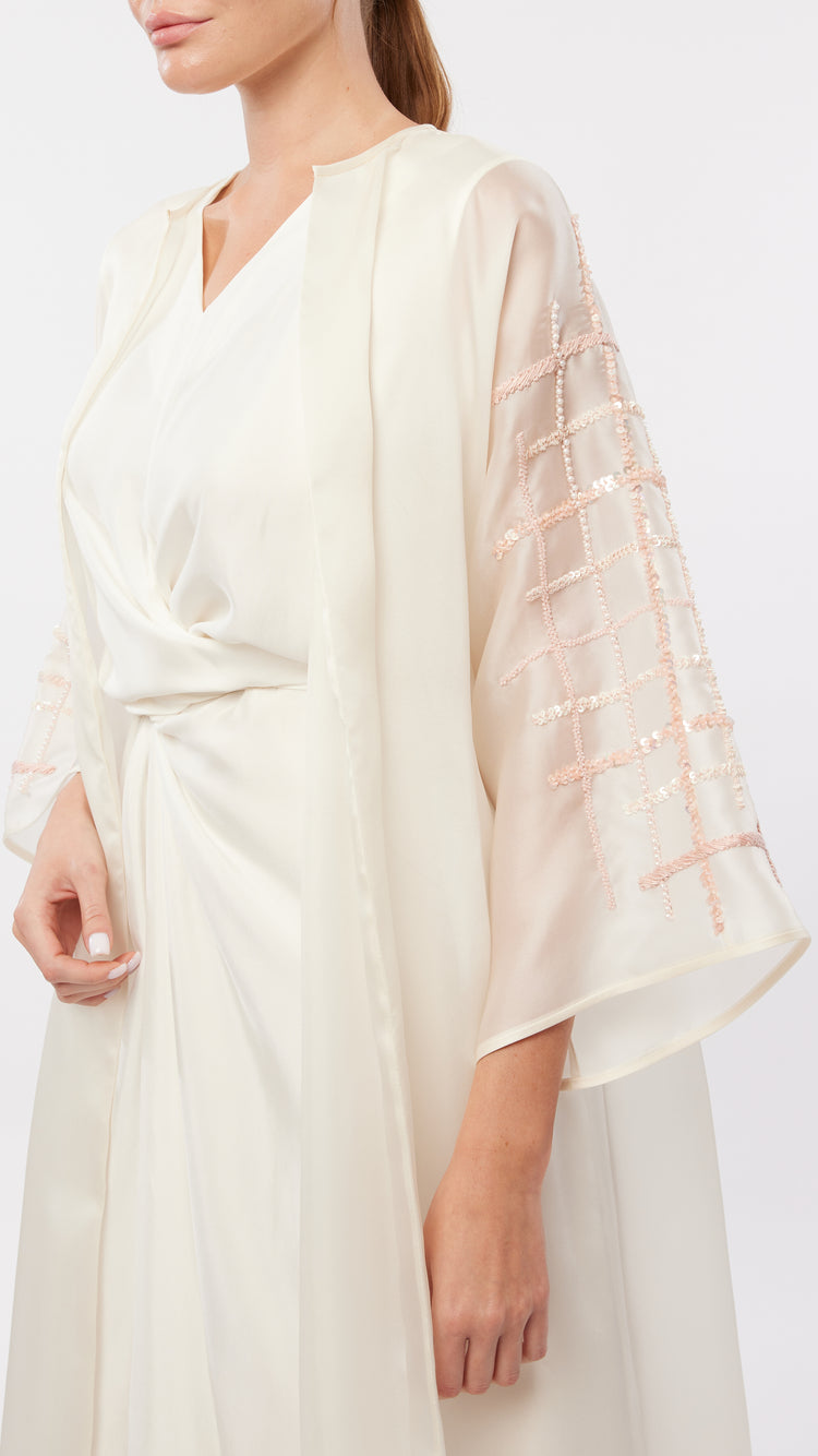 Grid Embellished Sleeve Silk Organza Long Coat