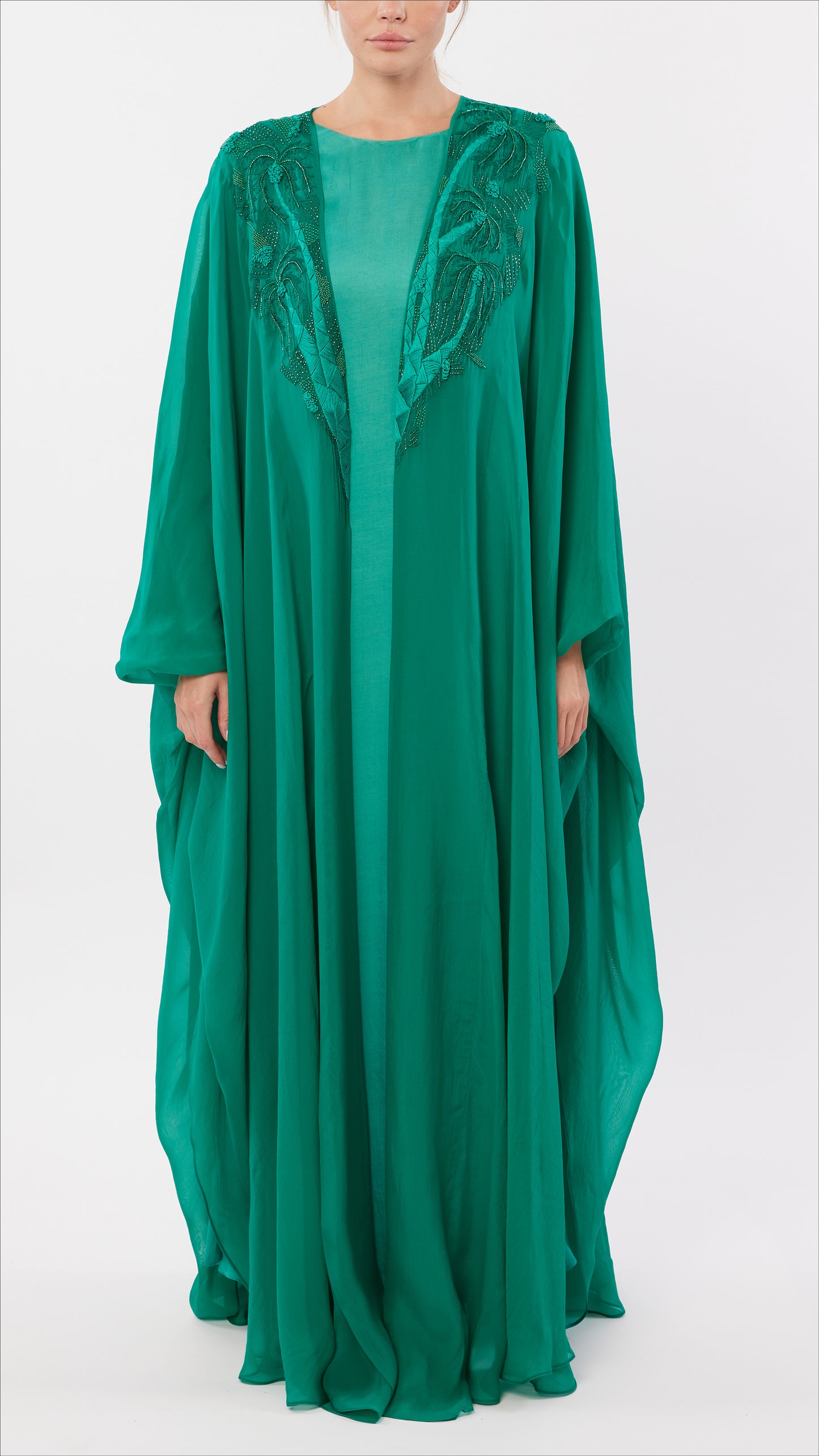 Palm Tree Embroidered Caftan Coat Ensemble