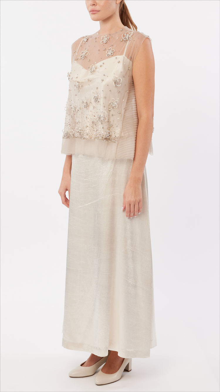 Cord Flower Embellished Tulle Top and Cowl Neck Inner Top