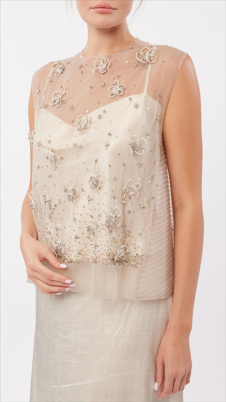 Cord Flower Embellished Tulle Top and Cowl Neck Inner Top