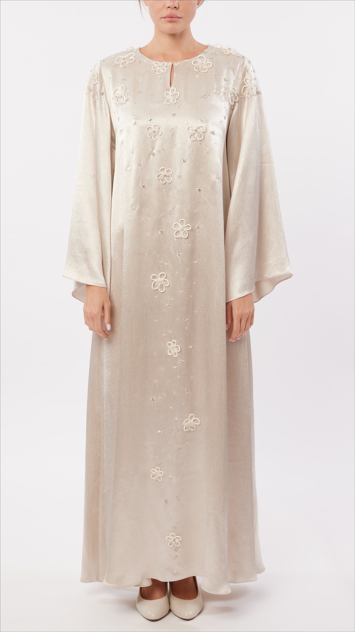 Cord Flower Embellished Split Neck Dress