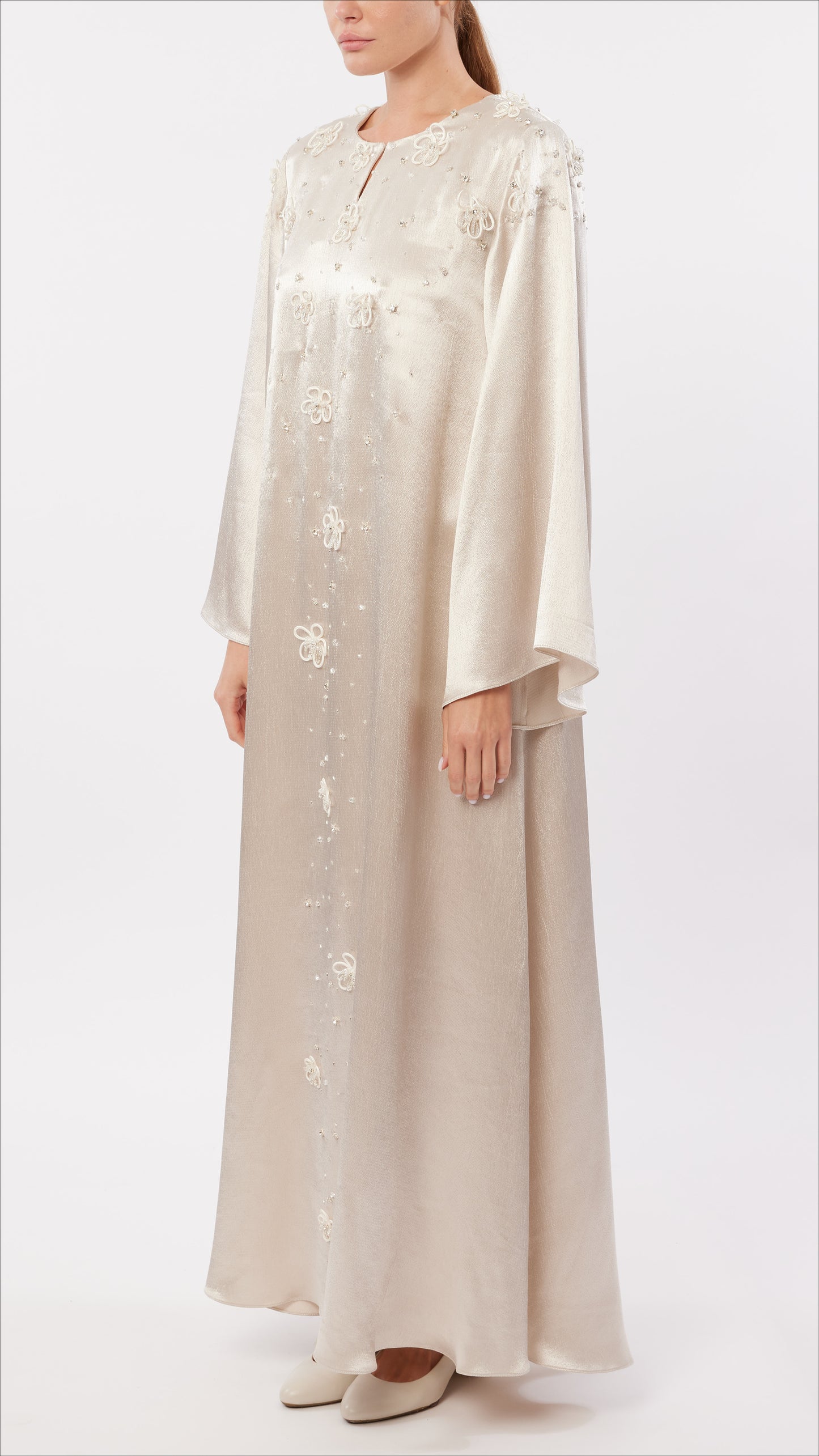 Cord Flower Embellished Split Neck Dress