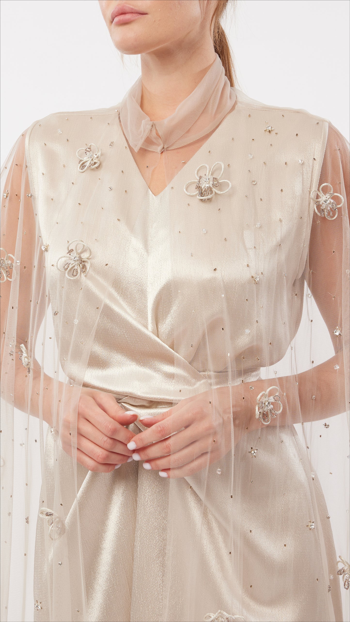 Cord Flower Embellished Tulle Cape and Wrap-Waist Inner Dress