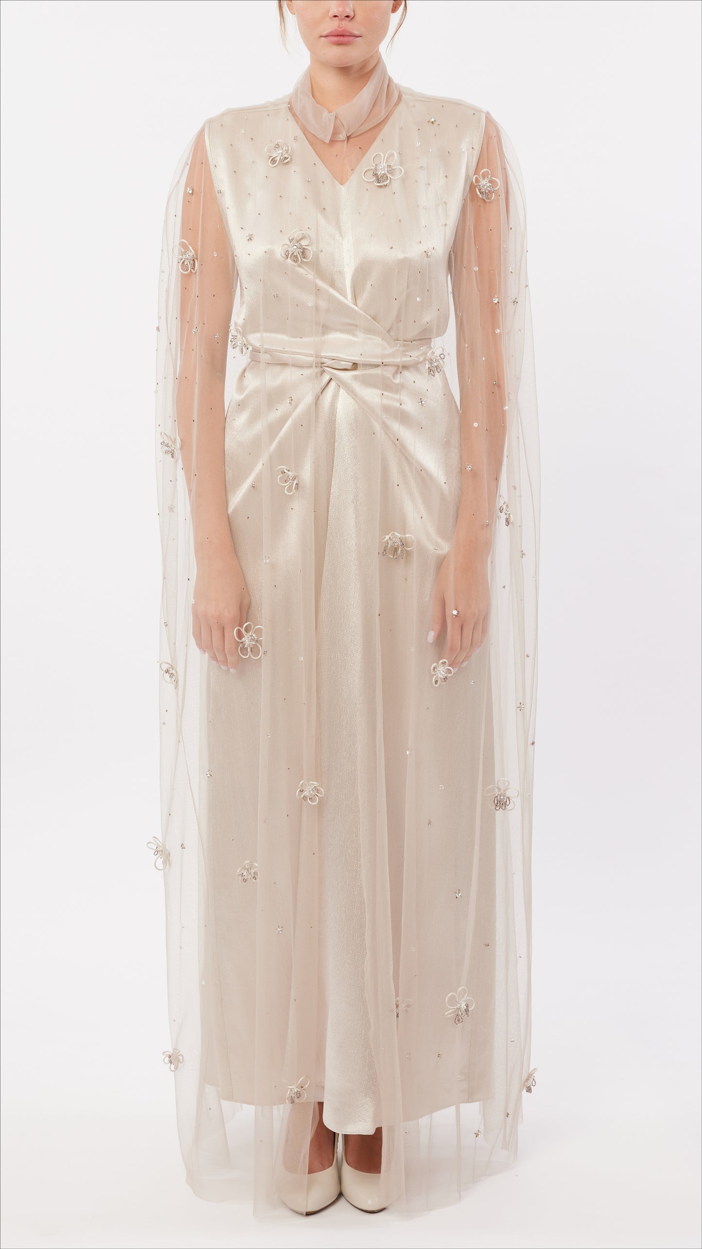 Cord Flower Embellished Tulle Cape and Wrap-Waist Inner Dress