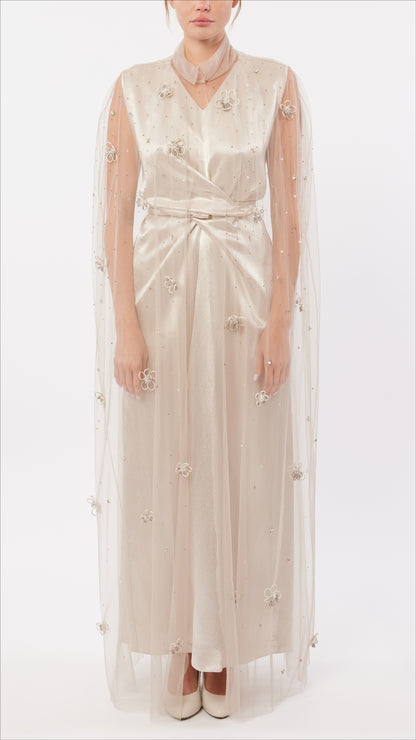 Cord Flower Embellished Tulle Cape and Wrap-Waist Inner Dress