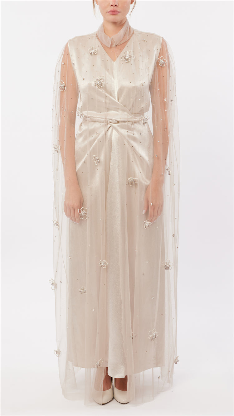 Cord Flower Embellished Tulle Cape and Wrap-Waist Inner Dress
