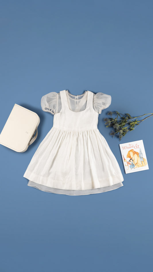 PINAFORE MIDI-DRESS WITH PUFFED-SLEEVE INNER DRESS