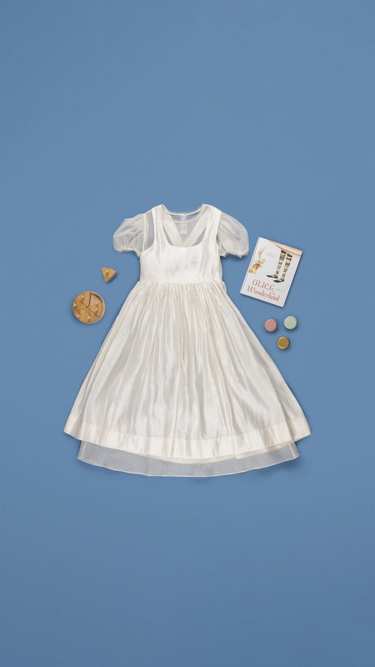 PINAFORE LONG DRESS WITH PUFFED-SLEEVE INNER DRESS