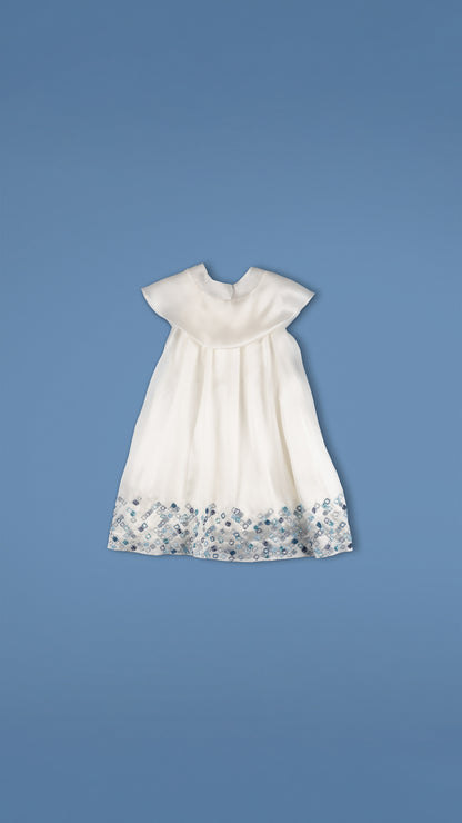 EMBELLISHED PLEATED MIDI DRESS WITH DETACHABLE NECK FLAP