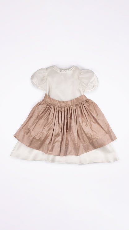 PUFFED SLEEVE DRESS WITH TIE-BACK SKIRT APRON