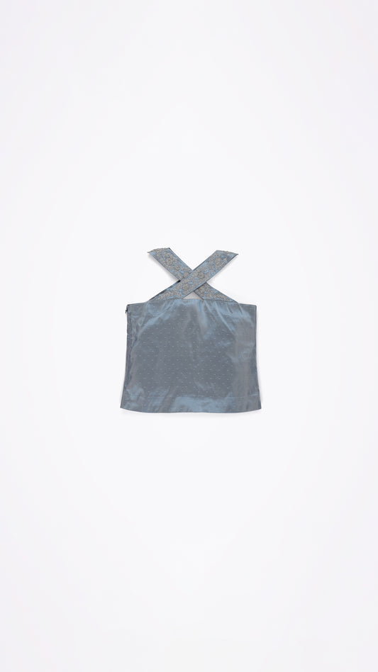 EMBROIDERED CROSS-STRAP HALTER NECK TOP