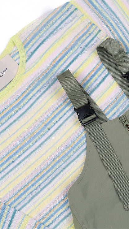 Buckle Strap Pinafore & Striped Knit Top Set